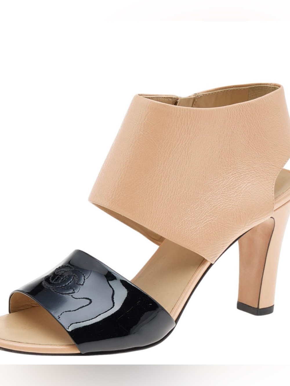 Chanel Camellia Patent Leather Sandal Heels Black Beige Size 39.5 / 9